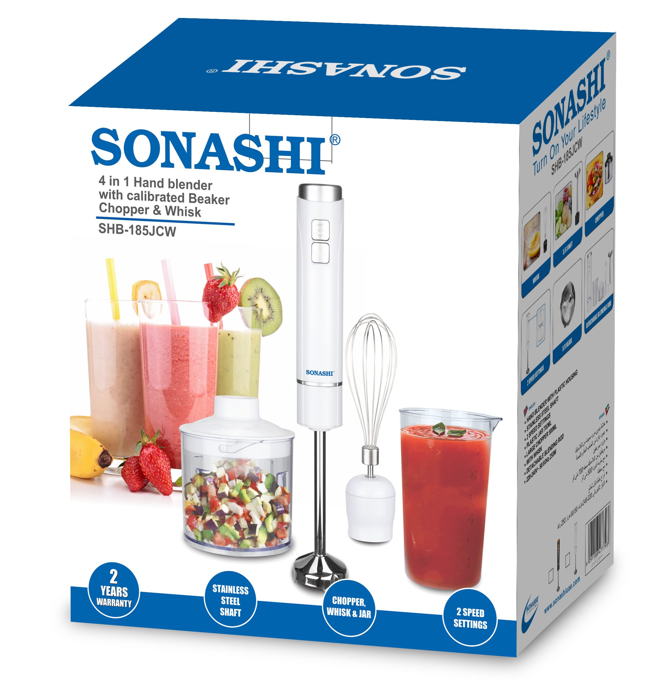 SONASHI SHB-185JCW 4-in-1 Hand Blender Chopper with Calibrated Beaker, Chopper, Whisker [White] Stainless Steel Shaft, 250W, 700ml Plastic Jar, 500ml Chopper, Speed Control, Blending Wand