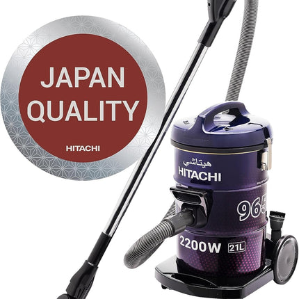 HITACHI Drum Vacuum Cleaner 2200 Watts, 21L Tank Dust Capacity, Aero Power Brush to Clean Efficiently, Metal Pipe, Dusting Brush & Crevice Nozzle, Washable Filter, Best for Home & Office, CV965NBLGCM