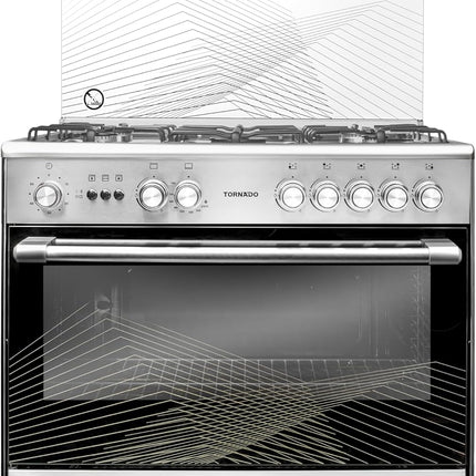 Tornado 90x60cm Freestanding Cooker, Full Gas Cooking Range with 5 Burners, Automatic Ignition & Full Safety, Convection Fan, Stainless Steel Finish, Separate Knob 9T10BRC1X01SG