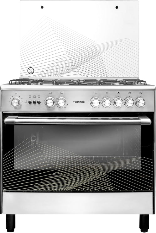 Tornado 90x60cm Freestanding Cooker, Full Gas Cooking Range with 5 Burners, Automatic Ignition & Full Safety, Convection Fan, Stainless Steel Finish, Separate Knob 9T10BRC1X01SG