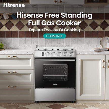 Hisense Freestanding 60 cm Gas cooker with 4 Burners with FFD Autoignition, Cast Iron Pan Support, Wok Burner, Glass Lid, Flame Failure, Oven cap, Gas Grill - ‎HFG60121X