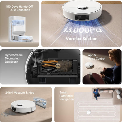 DREAME D20 Plus Robot Vacuum, 13,000Pa Suction, DuoBrush for Zero Tangled Hair, 5L Dust Bag for 150 Days, LDS Navigation, 2-in-1 Vacuum & Mop, 5,200mAh Battery, App & Voice Control