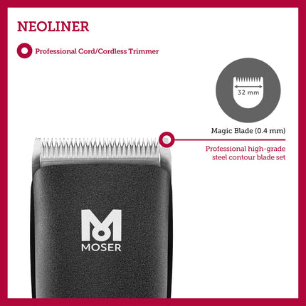 Moser Neoliner Professional Cordless Hair Trimmer for Men (Made in Germany) | Magic Blade | Quick Charge and 100-Min Operation | Superlight and Ergonomic (1586-0151)
