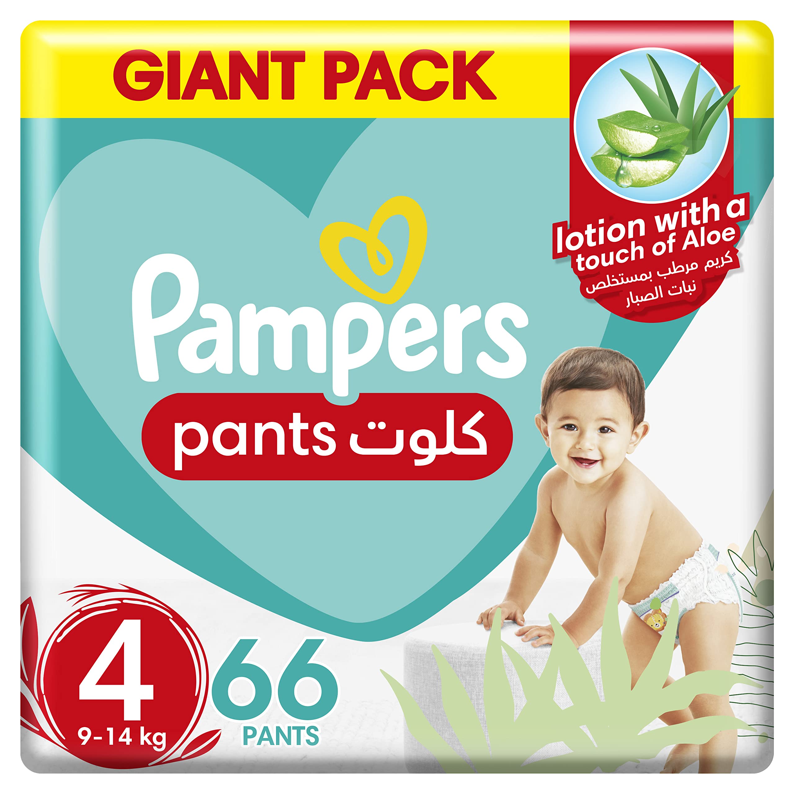 Pampers Baby-Dry Pants with Aloe Vera Lotion, Stretchy Sides, and Leakage Protection, Size 4, 9-14 kg, Mega Pack, 66 Pants حفاضات بيبي دراي بانتس من بامبرز بمقاس 4، ووزن 9-14 كغم، 66 قطعة