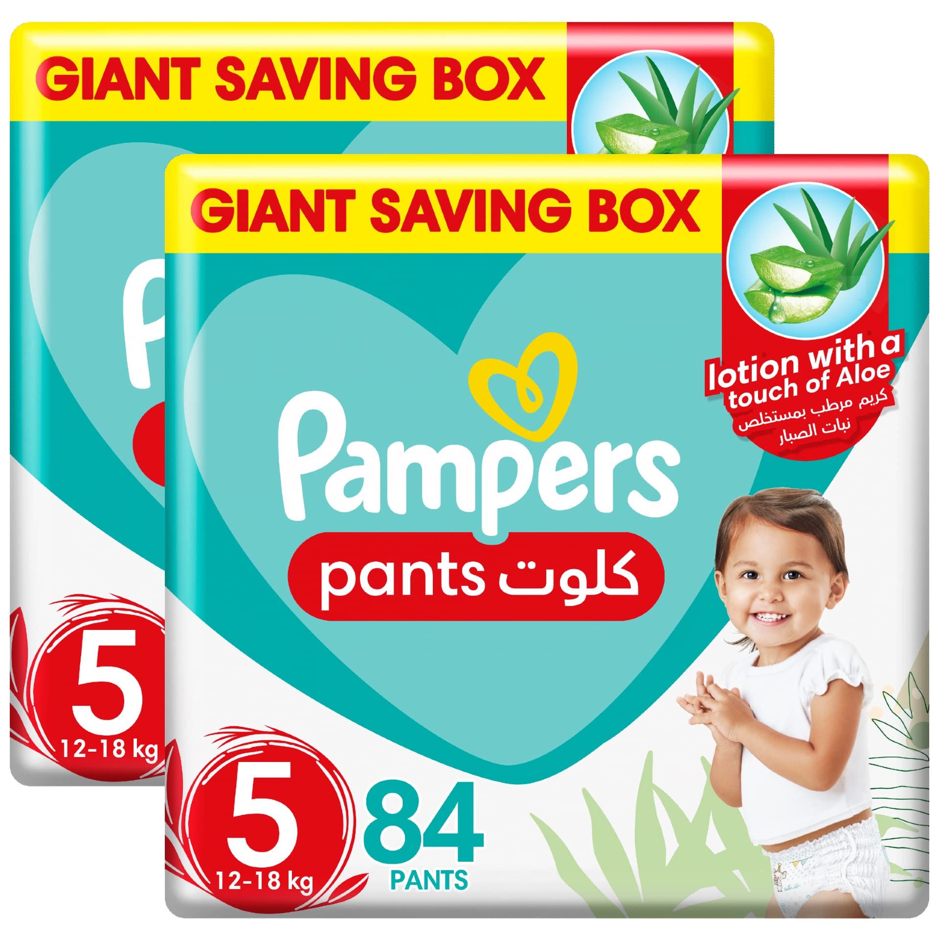Pampers Baby-Dry Pants with Aloe Vera Lotion, Stretchy Sides, and Leakage Protection, Size 5, 12-18 kg, Mega Box, 168 Pants حفاض بيبي دراي بامبرز مقاس 5 لوزن 12-18 كجم، عبوة من 168 حفاض