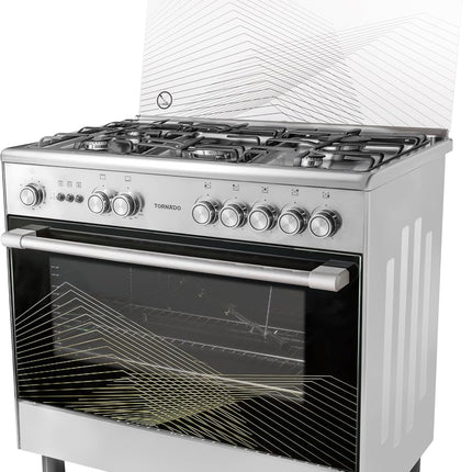 Tornado 90x60cm Freestanding Cooker, Full Gas Cooking Range with 5 Burners, Automatic Ignition & Full Safety, Convection Fan, Stainless Steel Finish, Separate Knob 9T10BRC1X01SG