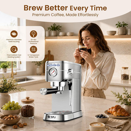 SPJ 20-Bar Espresso Coffee Machine with Professional Pump, Stainless Steel Espresso Maker, Real-Time Pressure Gauge, 1L Removable Water Tank, Cappuccino & Latte Maker, Silver, 1-Year Warranty