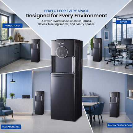 SPJ 18.9L Bottom Loading Water Dispenser, Hot Cold & Normal Water Cooler, Compressor Cooling, Child Safety Lock, Anti-Electric Shock Protection, Antibacterial, Black