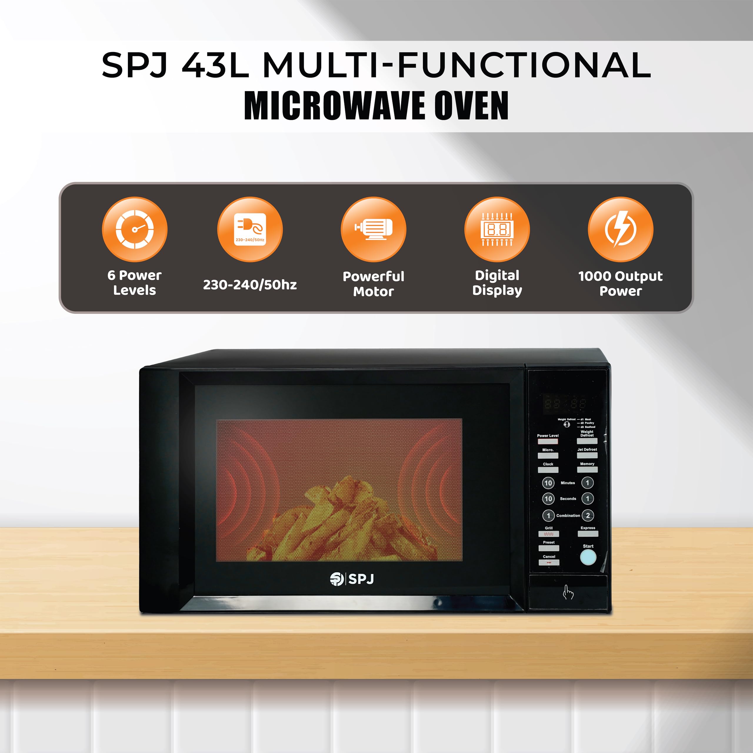 SPJ  QUALITY MATTERS Microwave Oven 43L, 1000W With 6 Power Levels, Digital Microwave, 99 Minutes Timer, Grill 1300W, Easy to Use, Colour - BLACK, MWBLU-43L007