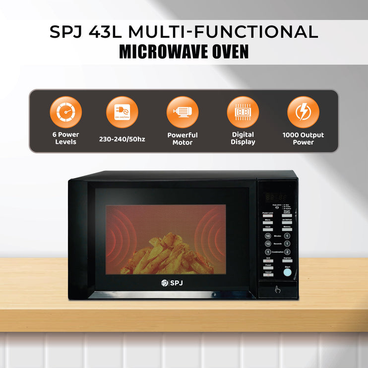 SPJ  QUALITY MATTERS Microwave Oven 43L, 1000W With 6 Power Levels, Digital Microwave, 99 Minutes Timer, Grill 1300W, Easy to Use, Colour - BLACK, MWBLU-43L007