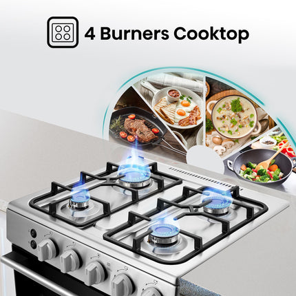 Hisense Freestanding 60 cm Gas cooker with 4 Burners with FFD Autoignition, Cast Iron Pan Support, Wok Burner, Glass Lid, Flame Failure, Oven cap, Gas Grill - ‎HFG60121X