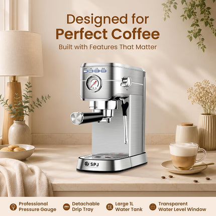 SPJ 20-Bar Espresso Coffee Machine with Professional Pump, Stainless Steel Espresso Maker, Real-Time Pressure Gauge, 1L Removable Water Tank, Cappuccino & Latte Maker, Silver, 1-Year Warranty