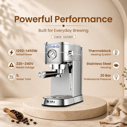 SPJ 20-Bar Espresso Coffee Machine with Professional Pump, Stainless Steel Espresso Maker, Real-Time Pressure Gauge, 1L Removable Water Tank, Cappuccino & Latte Maker, Silver, 1-Year Warranty