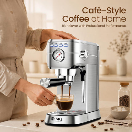 SPJ 20-Bar Espresso Coffee Machine with Professional Pump, Stainless Steel Espresso Maker, Real-Time Pressure Gauge, 1L Removable Water Tank, Cappuccino & Latte Maker, Silver, 1-Year Warranty