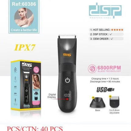 DSP Men's Razor DSP with Replaceable Ceramic Blade Anti-Cutting Professional Waterproof Body Hair Shaver with LED Light, Display and Standing Charging Station (Black) 60386