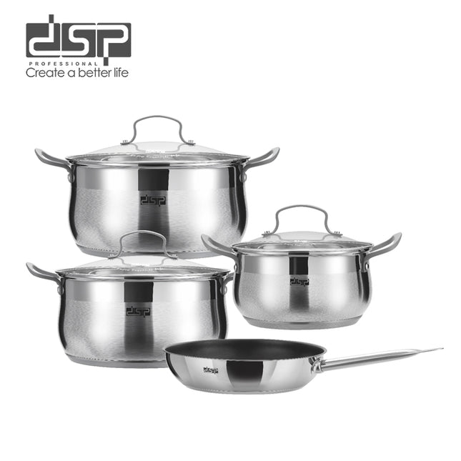 DSP 7-Piece Cookware Set - Nonstick Fry Pan & Stainless Steel Pots with Glass Lids, Induction Compatible