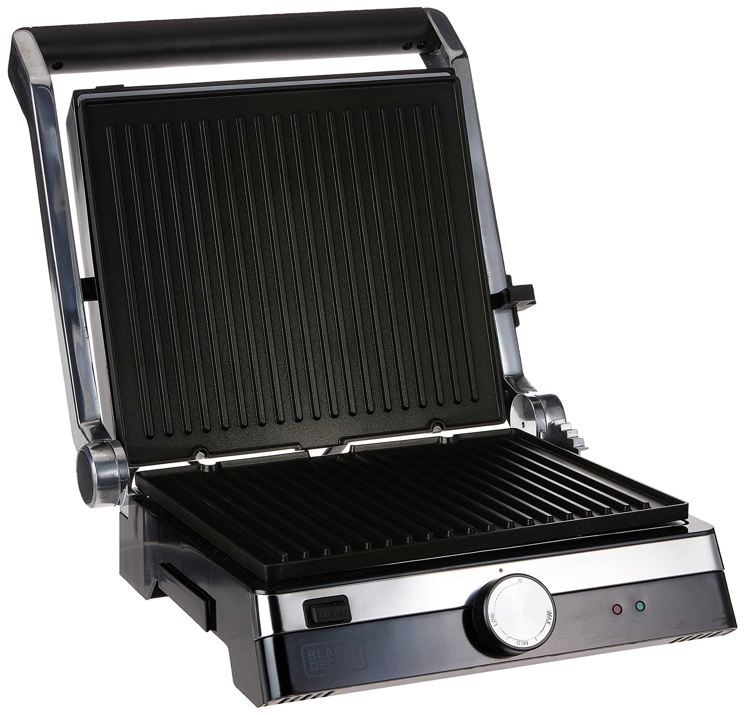 BLACK+DECKER Family Health Grill, 2000W, 1500 cm² Double Grilling, Non-Stick & 180° Full Flat Grill, Temperature Control, 5 Adjustable Heights, Die Cast Aluminium Plates, , CG2000-B5