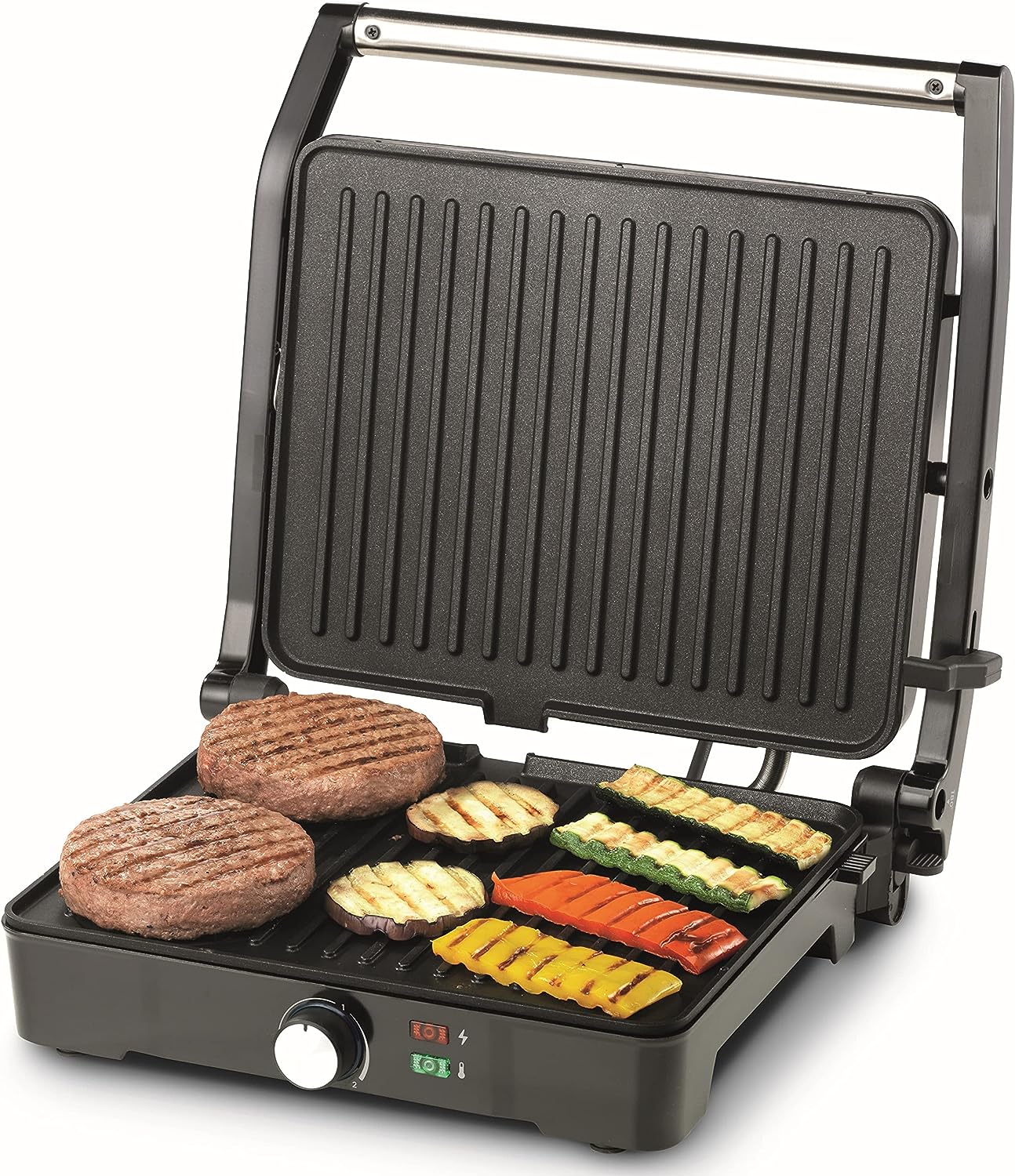 KENWOOD Grill 2000W Contact Health Grill Panini Press with Variable Temperature, 3 Grill Positions for Panini Burger Sandwich Pizza Steak Chicken , Fish , Vegetables HGM31.000SI Black/Silver , 1 Years Warranty.
