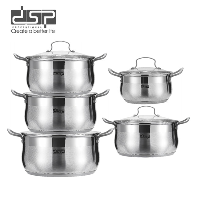 DSP 10-Piece Cookware Set - Nonstick Fry Pan & Stainless Steel Pots with Glass Lids, Induction Compatible