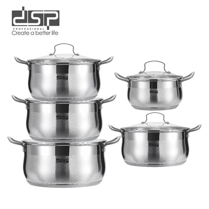 DSP 10-Piece Cookware Set - Nonstick Fry Pan & Stainless Steel Pots with Glass Lids, Induction Compatible