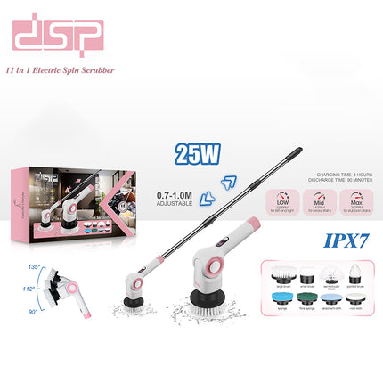 DSP Hot Sale 11 in 1 Electric Spin Shower Scrubber Long Extension Handle IPX7 Waterproof Floor Bathroom Cleaning Brush Scrubber