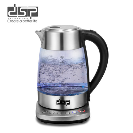 DSP 1.7L Glass Electric Kettle with Blue LED Light, 4 Temp Settings & Keep Warm Function Safety Lock Cover 360° Rotatable