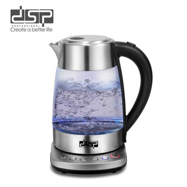 DSP 1.7L Glass Electric Kettle with Blue LED Light, 4 Temp Settings & Keep Warm Function Safety Lock Cover 360° Rotatable
