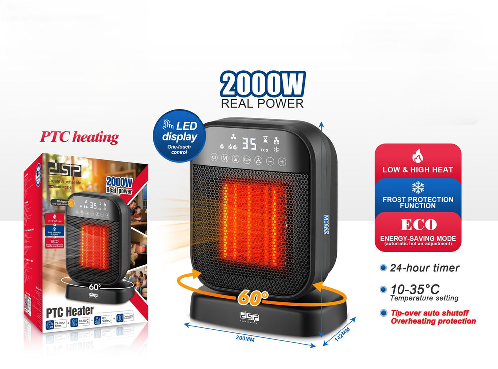 DSP 2000W Smart Fan Heater - PTC Heating, 60° Oscillation with ECO Mode & 24H Timer for Home/Office