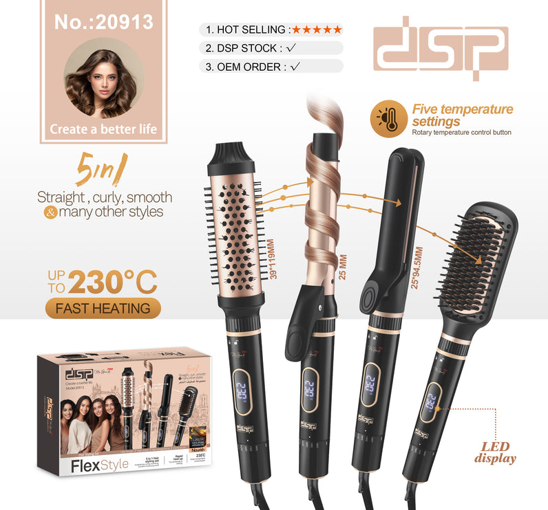 DSP 5-in-1 Hair Styler Set - Ceramic Coated Tools for Straightening & Curling with 5 Temp Settings & Auto Shut-Off