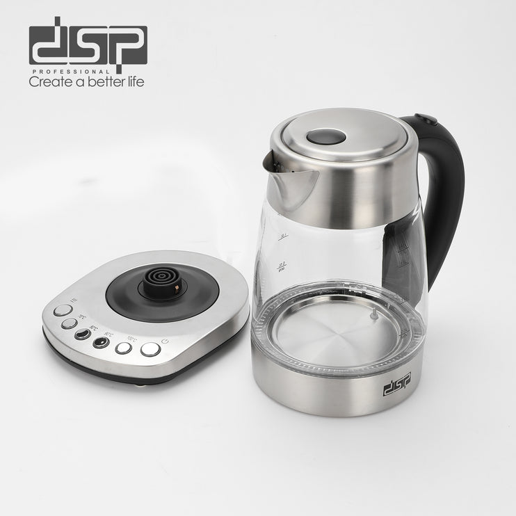 DSP 1.7L Glass Electric Kettle with Blue LED Light, 4 Temp Settings & Keep Warm Function Safety Lock Cover 360° Rotatable