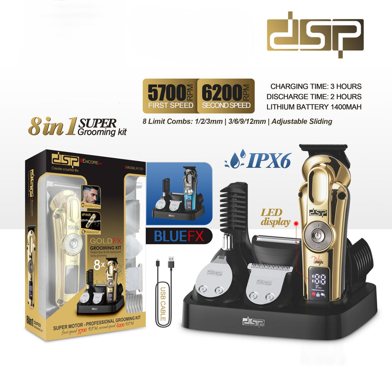 DSP 8-in-1 Men's Grooming Kit - Hair/Nose/Body Trimmer with 8 Attachments, IPX6 Waterproof & LED Display