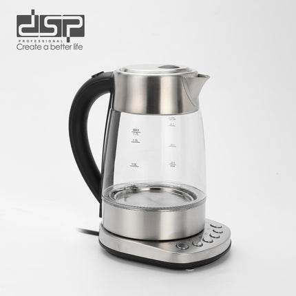 DSP 1.7L Glass Electric Kettle with Blue LED Light, 4 Temp Settings & Keep Warm Function Safety Lock Cover 360° Rotatable