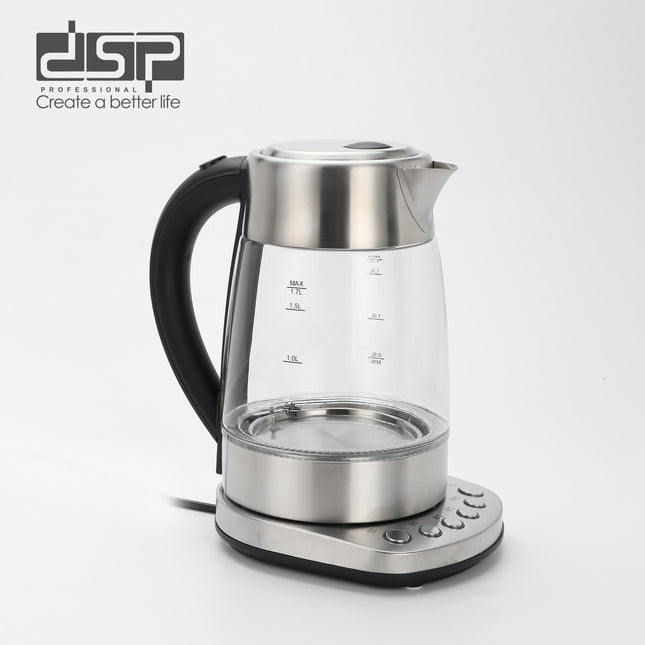 DSP 1.7L Glass Electric Kettle with Blue LED Light, 4 Temp Settings & Keep Warm Function Safety Lock Cover 360° Rotatable
