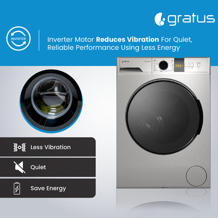 Gratus 8 KG Front Load Washing Machine 1400 RPM & 15 Programs, Digital Display, Inverter Motor, inox silver, 1 Year Full Warranty, Model – WFD8502WEVTX