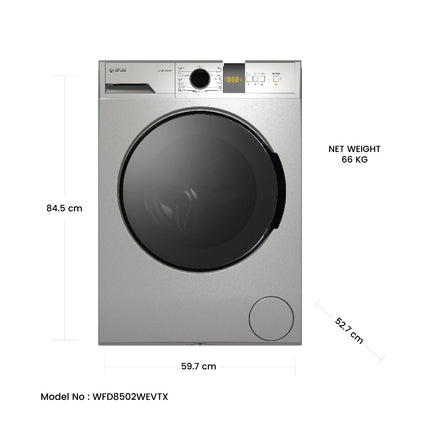 Gratus 8 KG Front Load Washing Machine 1400 RPM & 15 Programs, Digital Display, Inverter Motor, inox silver, 1 Year Full Warranty, Model – WFD8502WEVTX