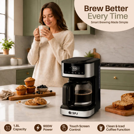 SPJ 12 Cup Coffee Maker with Glass Carafe, Hot & Iced Brew Coffee Machine, Touch Screen Control, Anti-Drip System, Self-Clean Function, Auto Power Off, Silver & Black