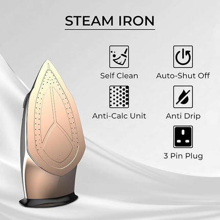 SPJ 3100W Steam Iron with 350ml Water Tank | Nano Soleplate, Vertical Steam, Auto Shut-Off, Anti-Drip & Self-Cleaning | Spray & Burst Function | Dry & Steam Iron | Black | 1-Year Warranty