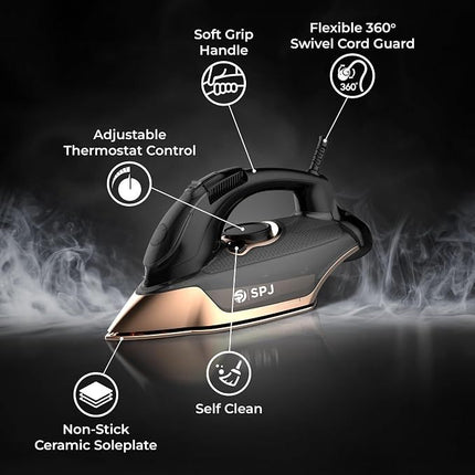 SPJ 3100W Steam Iron with 350ml Water Tank | Nano Soleplate, Vertical Steam, Auto Shut-Off, Anti-Drip & Self-Cleaning | Spray & Burst Function | Dry & Steam Iron | Black | 1-Year Warranty