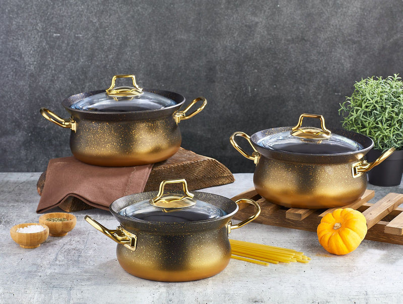 OMS 9-Pieces Induction Safe Granitec Round Cookware Set , Black/Gold