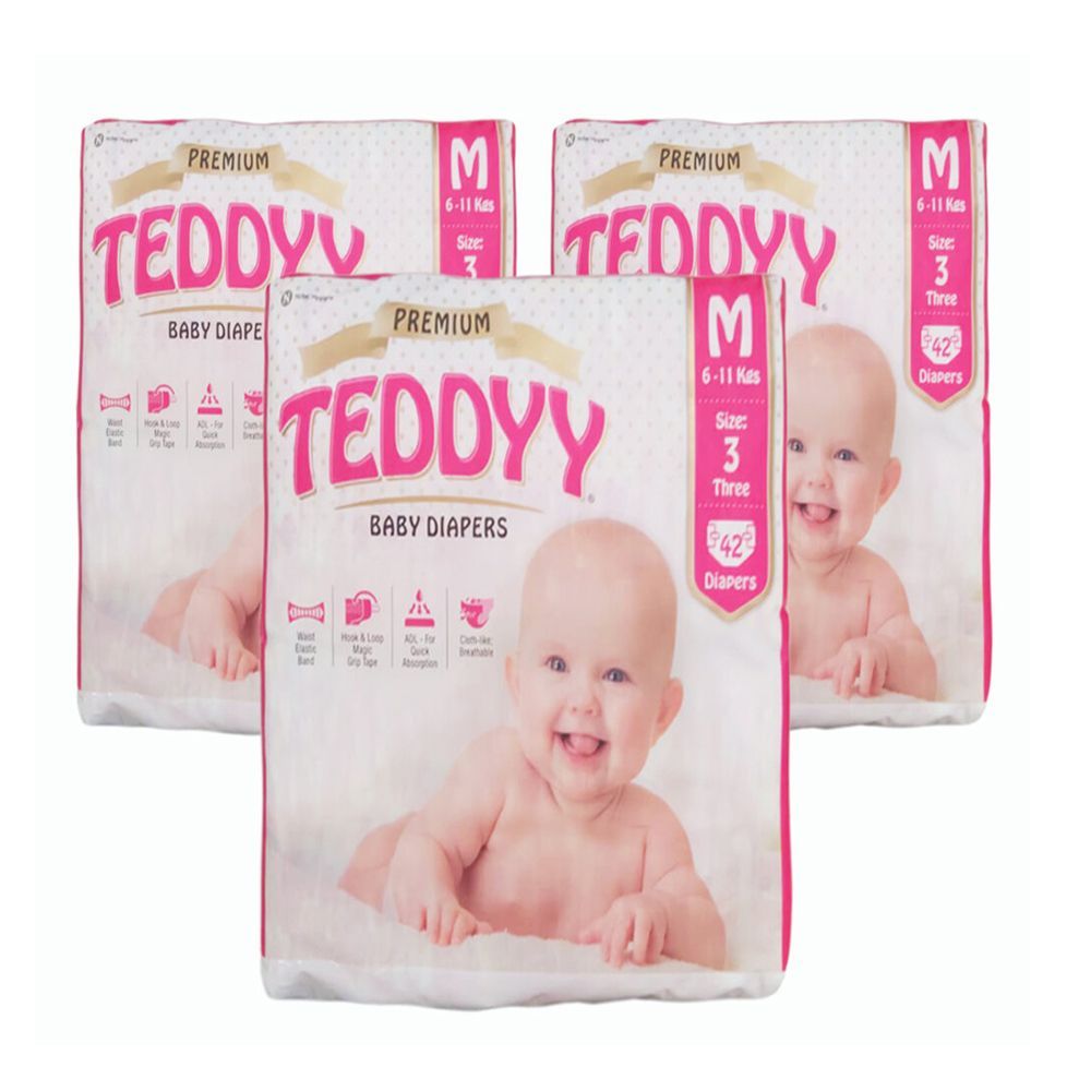 Teddyy - Premium Baby Diapers Pans Medium 42 Counts Pack Of 3 سروال حفاضات بريميوم للأطفال مقاس متوسط من تيدي - 42 قطعة عبوة من 3 قطع