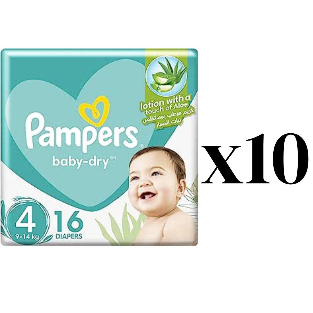 Pampers Baby-Dry Diapers with Aloe Vera Lotion and Leakage Protection, Size 4, 9-14 kg, 160 Diapers ( 16 Diapers × 10 ) حفاضات بامبرز اكتيف بيبي دراي، حجم 4، ميجا باك - 7-14 كغم، 160 قطعة