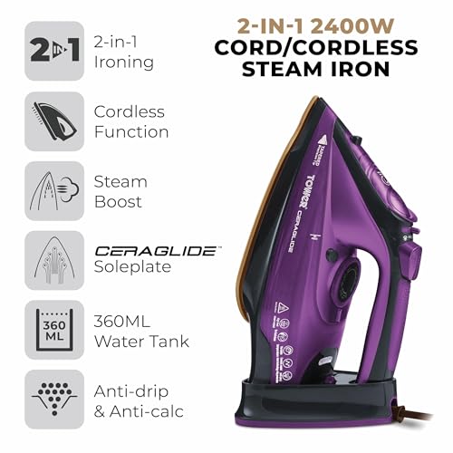 Tower CeraGlide Cordless Steam Iron with Ceramic Soleplate and Variable Steam Function, Purple
