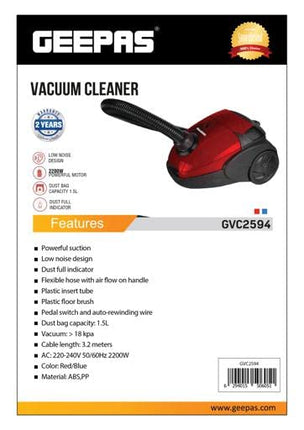 Geepas Vacuum Cleaner 1.5 Liter, 2200 Watts GVC2594