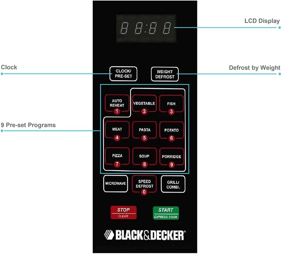 BLACK+DECKER 30L 900W Digital Microwave With Grill Silver, 9 Presets مايكرويف بلاك اند ديكر سعة 30 ليتر - فضي