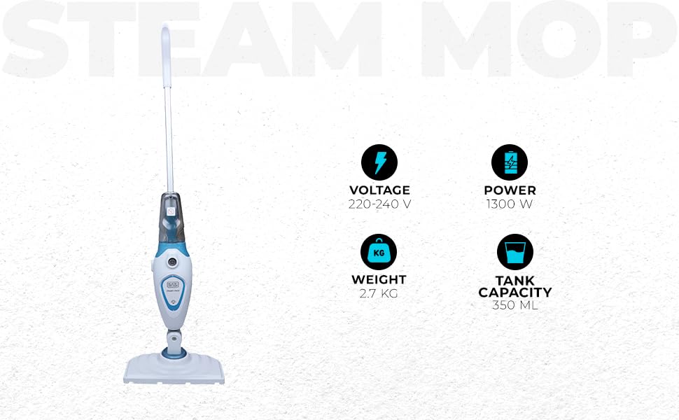BLACK+DECKER 1300W 350ml Steam Mop With 5m Cord length and 20sec Heat Up Time That Kills 99.9% Germs+Super Heated For Quick Easy Cleaning Sanitizes Surfaces FSM1605-B5