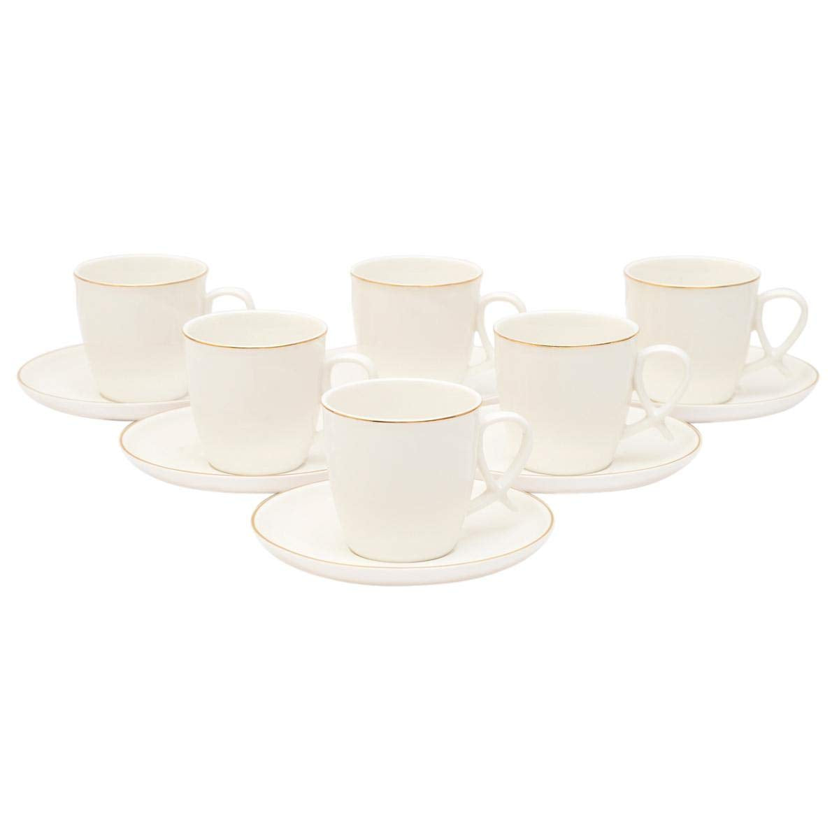 Shallow Bone China Tea Cup And Saucer, 12-Piece Set White Fpr-014 طقم اكواب وصحون من الخزف الصيني من شالو مكون من 12 قطعة، ابيض، Fpr-014
