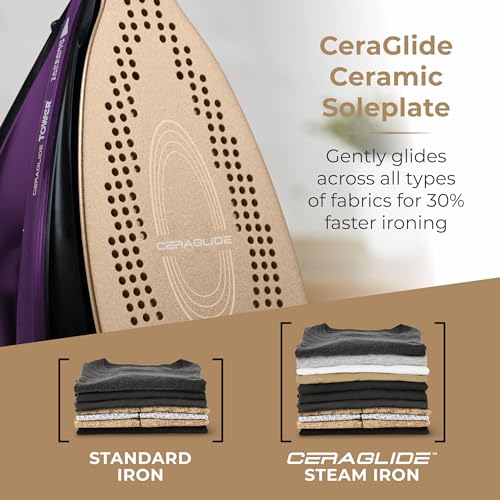 Tower CeraGlide Cordless Steam Iron with Ceramic Soleplate and Variable Steam Function, Purple