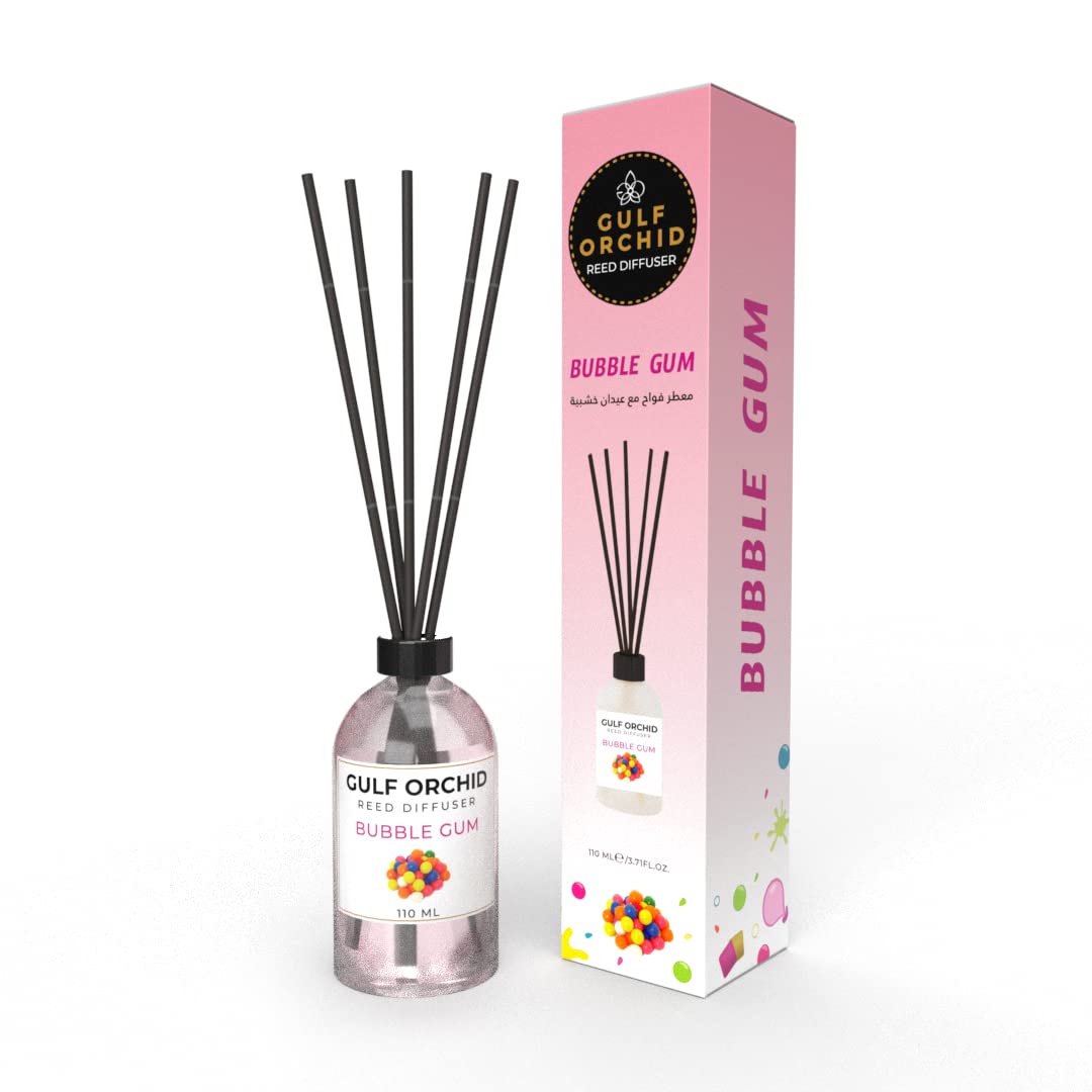 Reed Diffuser - Reed Diffuser by Gulf Orchid Home Fragrance - Perfect for Home & Office - 110 ml (Bubble Gum) موزع روائح اعواد الاوركيد الخليجية - موزع اعواد من غلف اوركيد هوم فراجران - مثالي للمنزل والمكتب - 110 مل