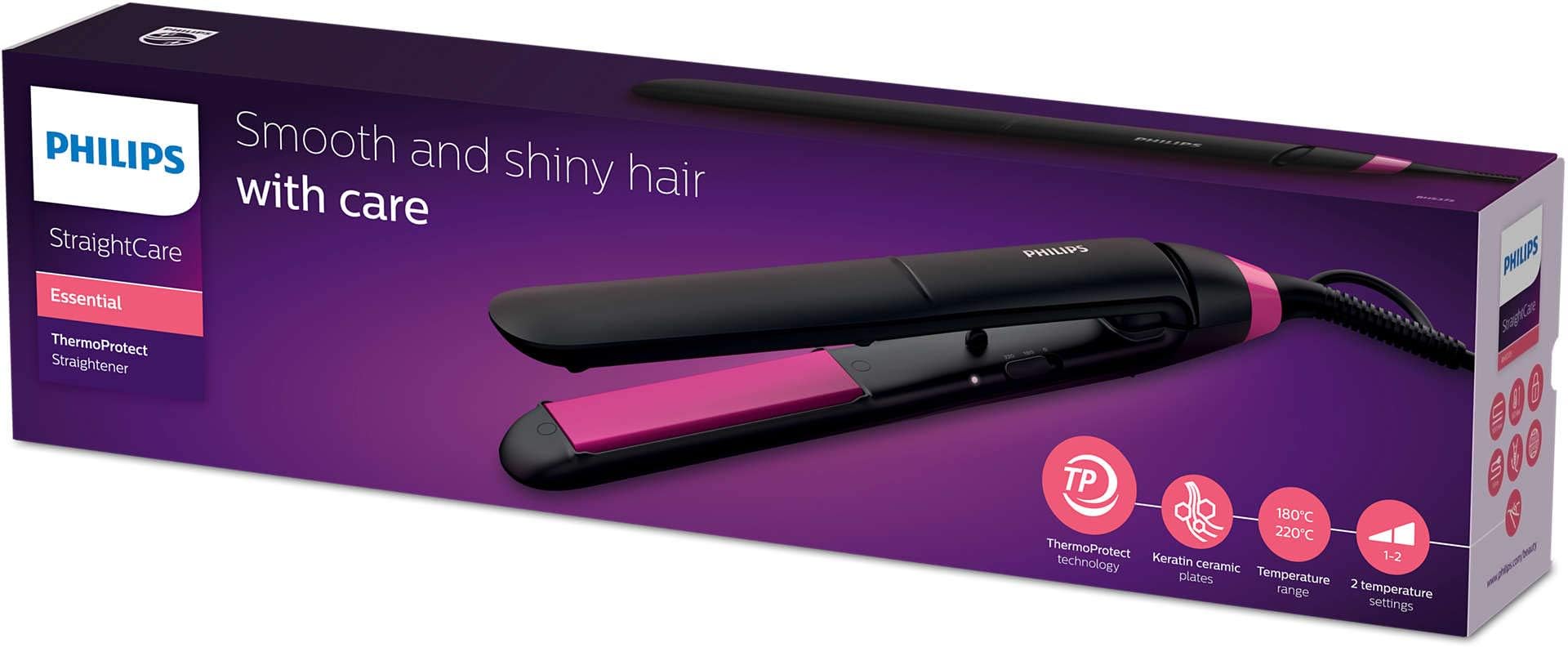 Philips StraightCare Essential ThermoProtect straightener. 2 temperature settings. Temperature range up to 220°C. 3 pin, BHS375/03.