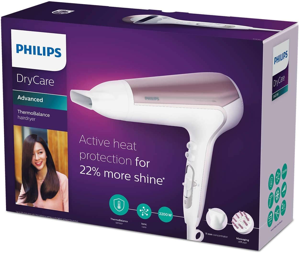 Philips DryCare Advanced Hair Dryer. 2200W. ThermoBalance. 3 heat and 2 speed settings. Cool Shot. 3 pin, BHD186/03